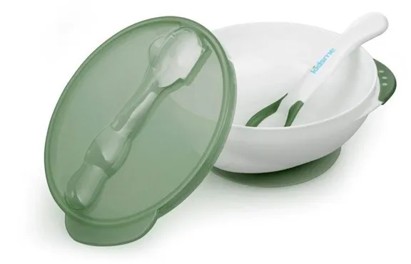 Kidsme - Dyp tallerken med sugekopp og temperaturskje Grønn